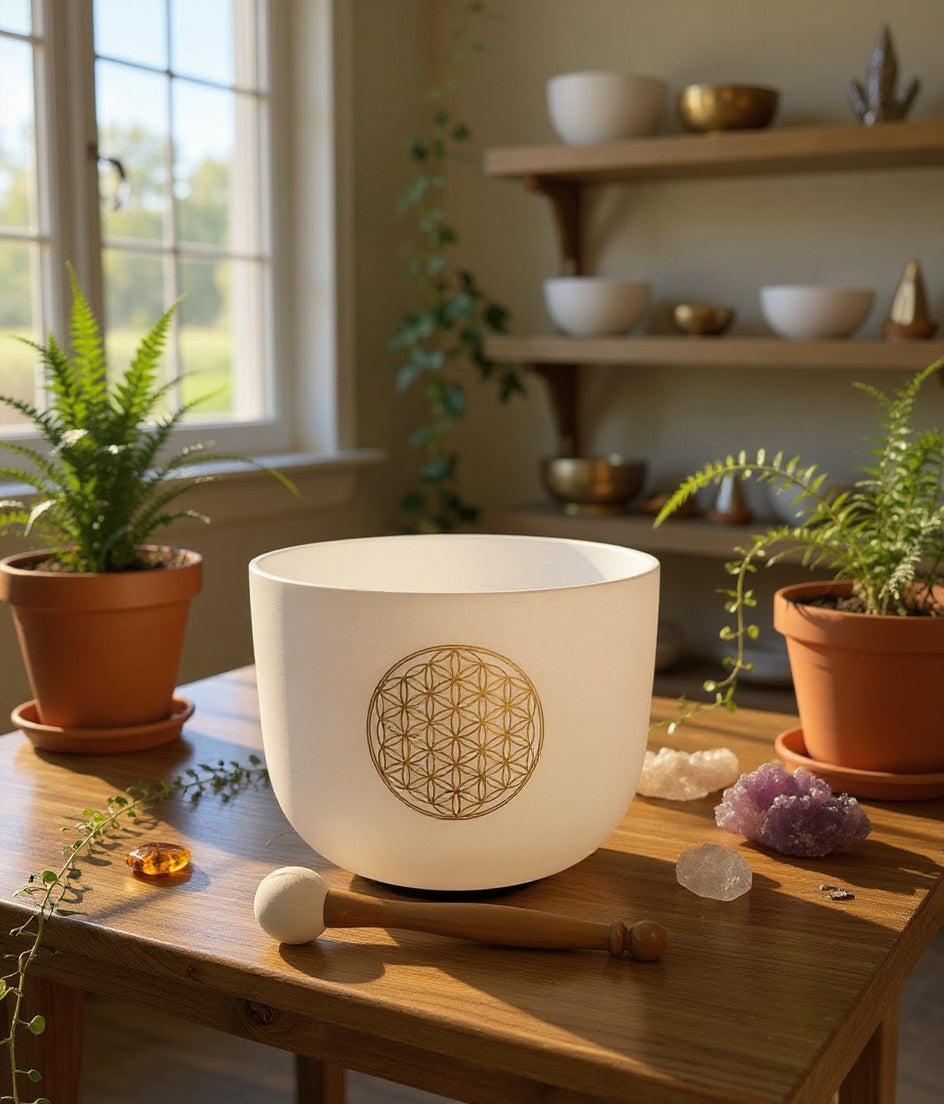 Flower of Life Frosted Quartz Singing Bowl