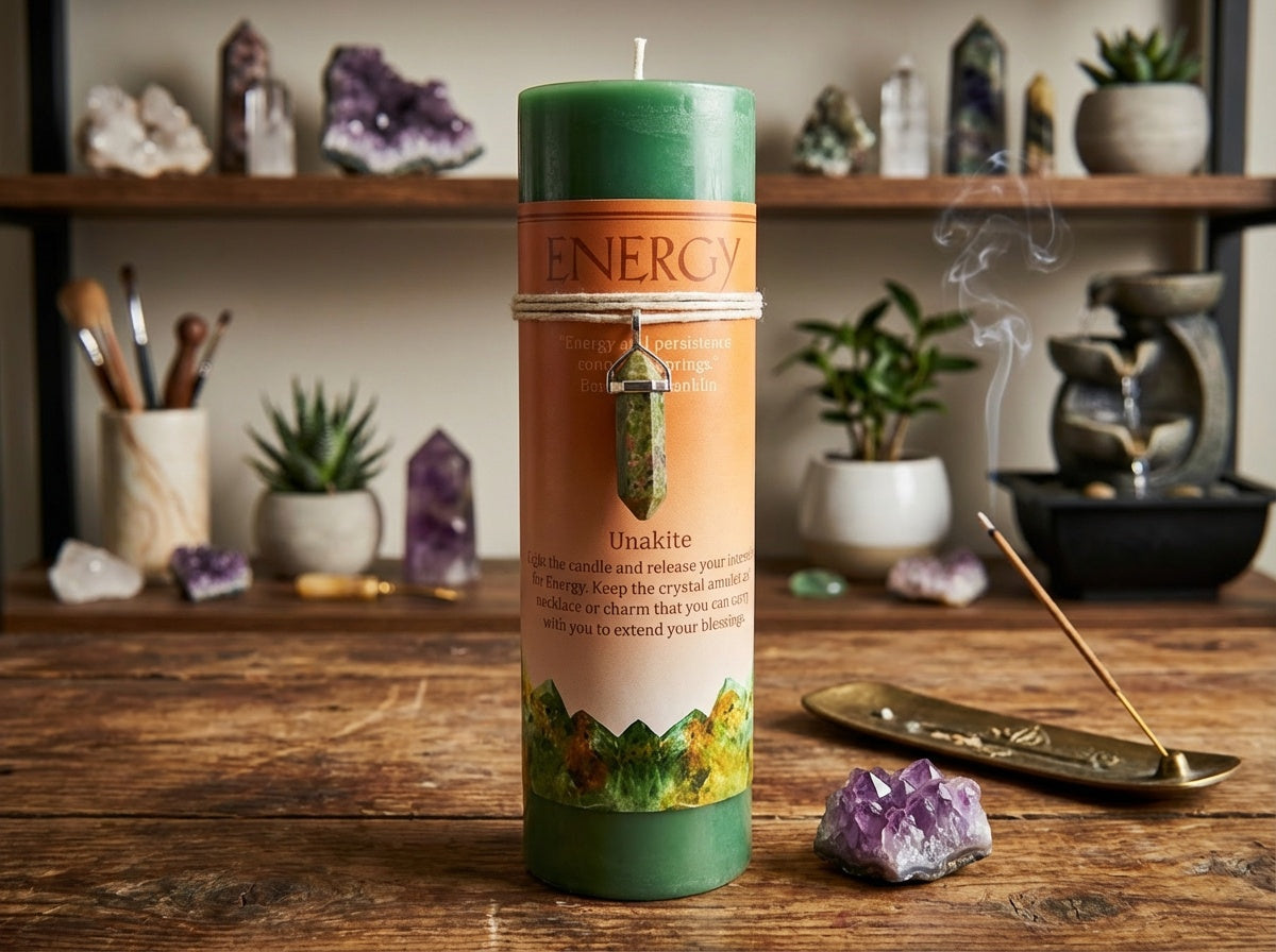 Vela de pilar con colgante de cristal energético