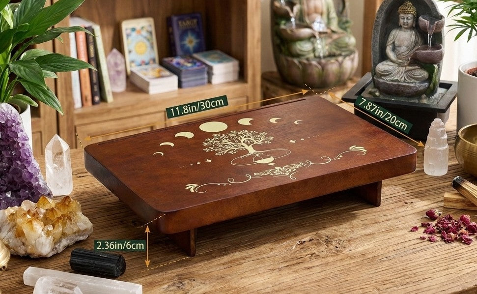 Solid Wood Altar Table with Tree of Life & Moon Phases