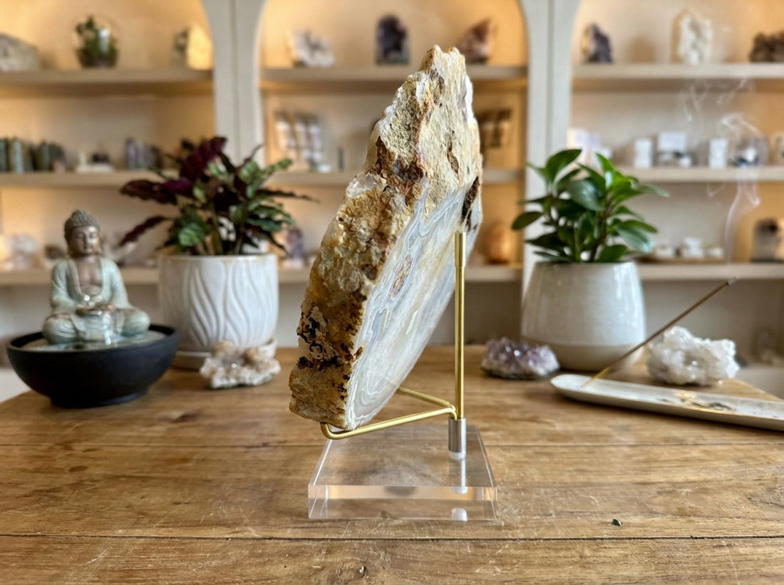 Grey Lace Agate Slab with Calcite Deposit