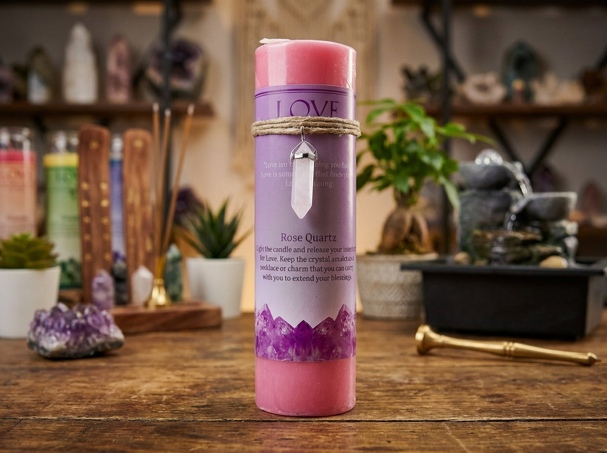 Vela de pilar con colgante de cristal energético