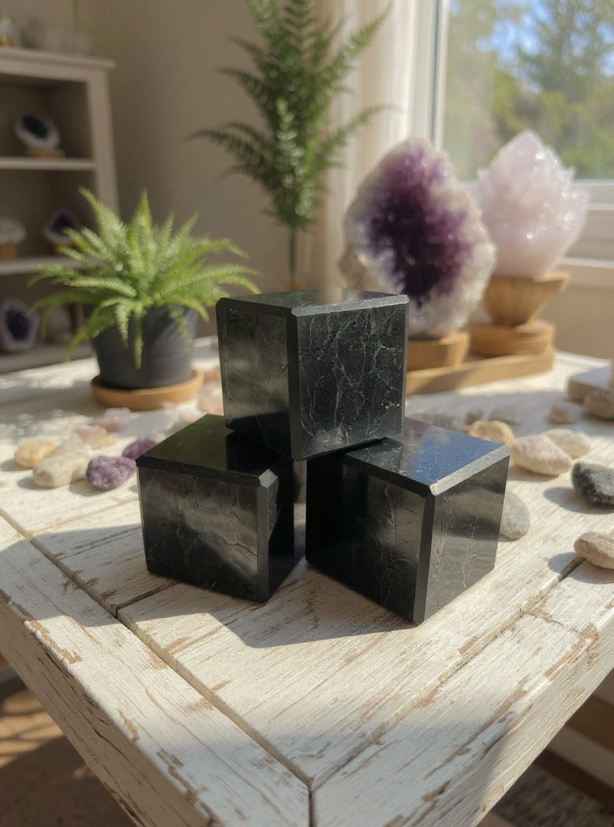 Cubo de shungita pulido (6 cm) con protección EMF