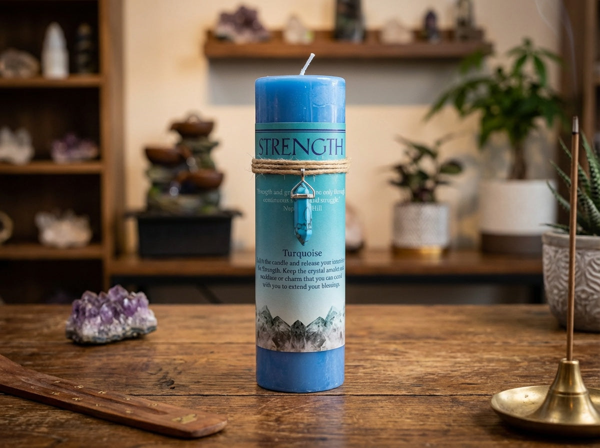 Vela de pilar con colgante de cristal energético