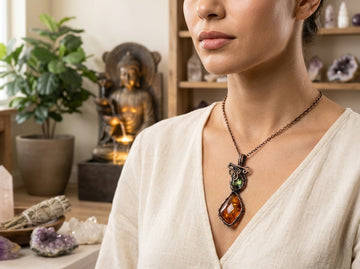 Colgante de cobre con topacio místico arcoíris y ámbar báltico