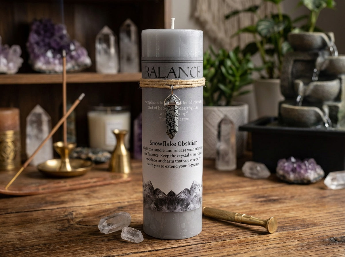 Vela de pilar con colgante de cristal energético