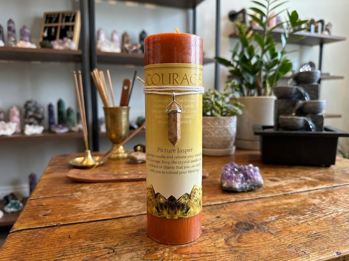 Vela de pilar con colgante de cristal energético