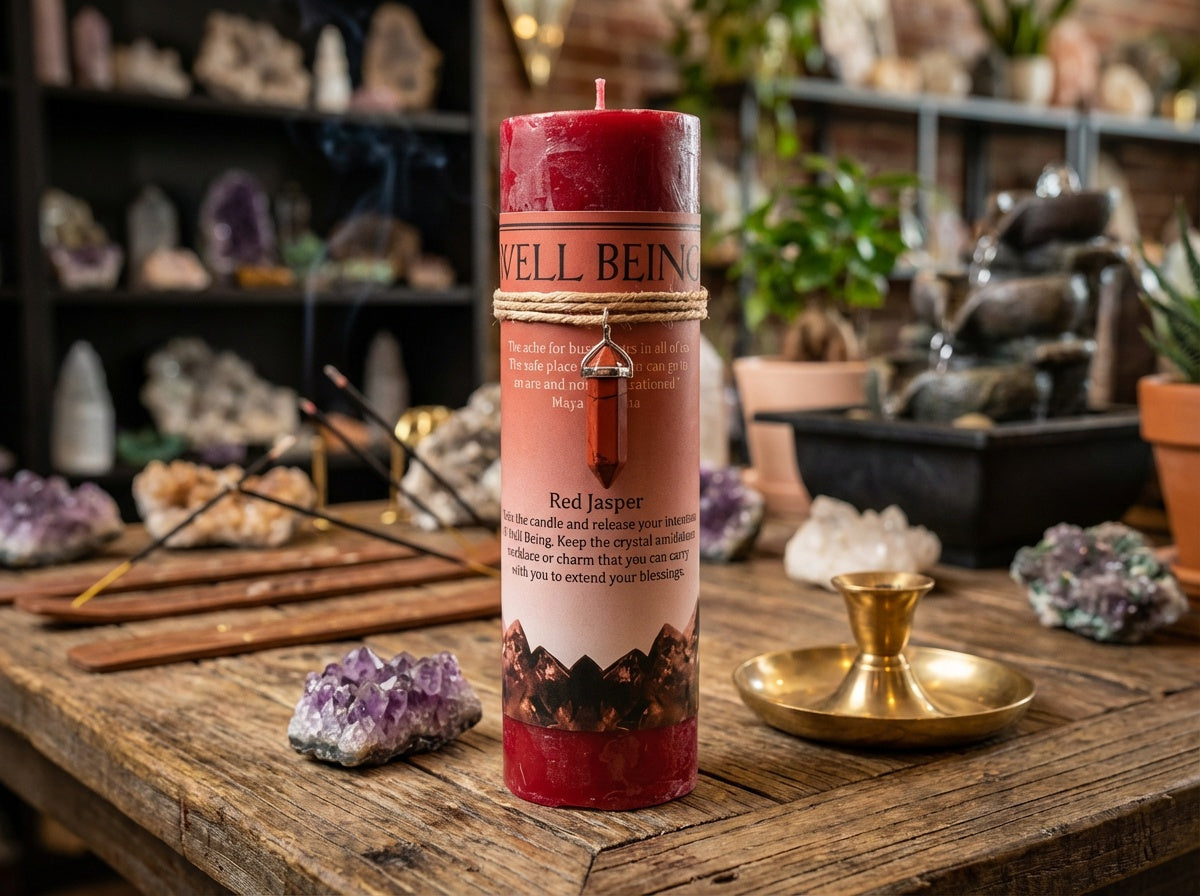 Vela de pilar con colgante de cristal energético