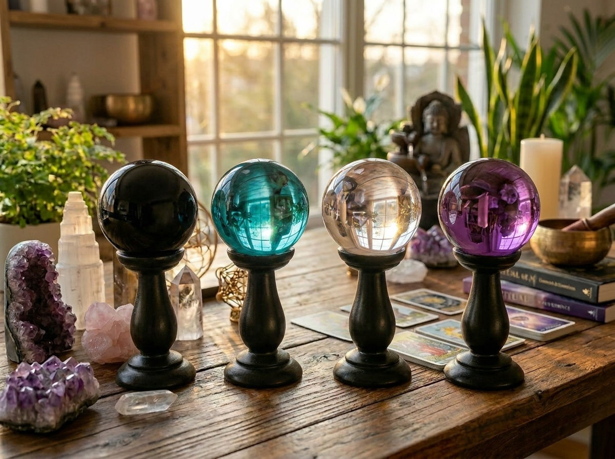 Pequeña bola de cristal verde azulado sobre soporte