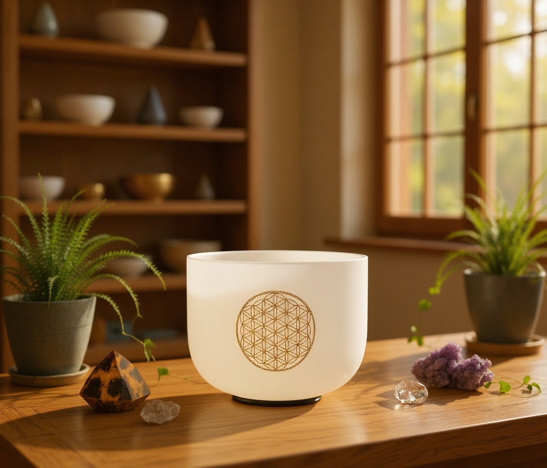 Flower of Life Frosted Quartz Singing Bowl