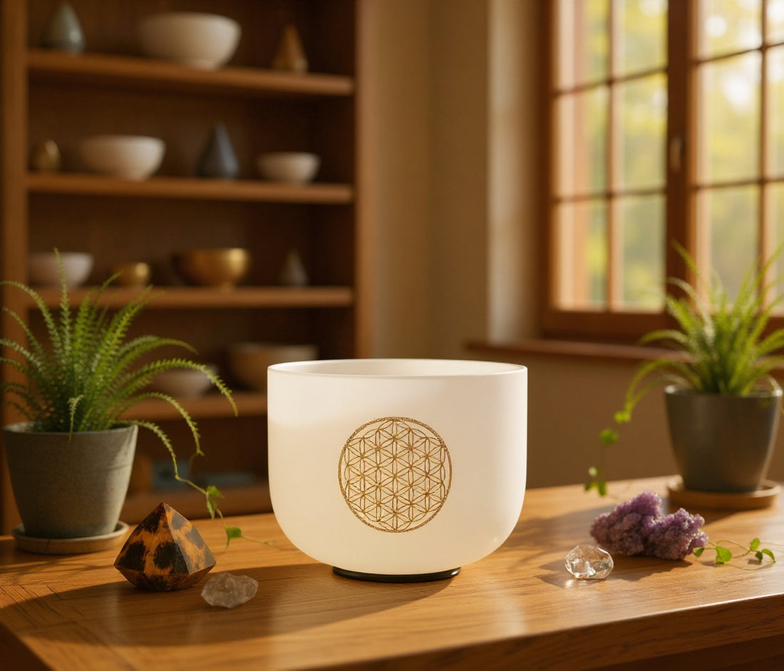 Flower of Life Frosted Quartz Singing Bowl
