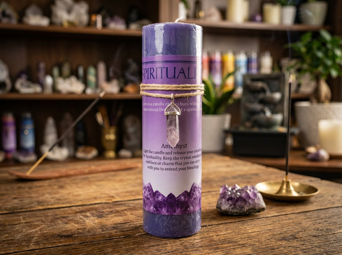 Vela de pilar con colgante de cristal energético