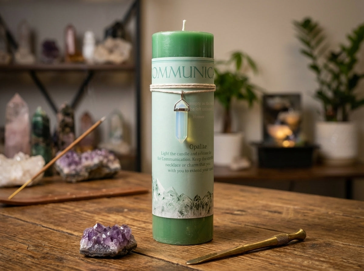 Vela de pilar con colgante de cristal energético