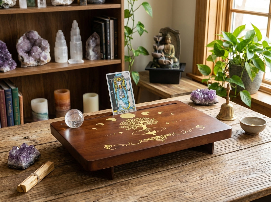 Solid Wood Altar Table with Tree of Life & Moon Phases