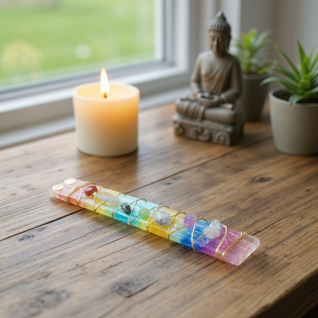 Selenite Wand with Chakra Stones