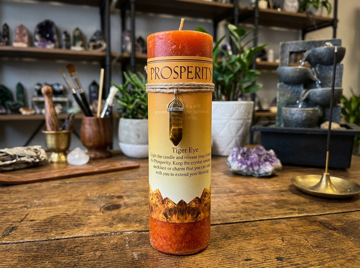 Vela de pilar con colgante de cristal energético