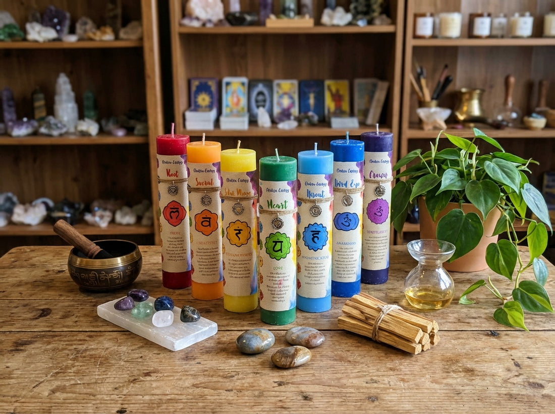 Chakra Pillar Candles with Pewter Pendant