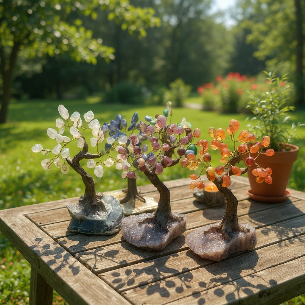 Pequeños árboles de cristal para chakras con base en racimo
