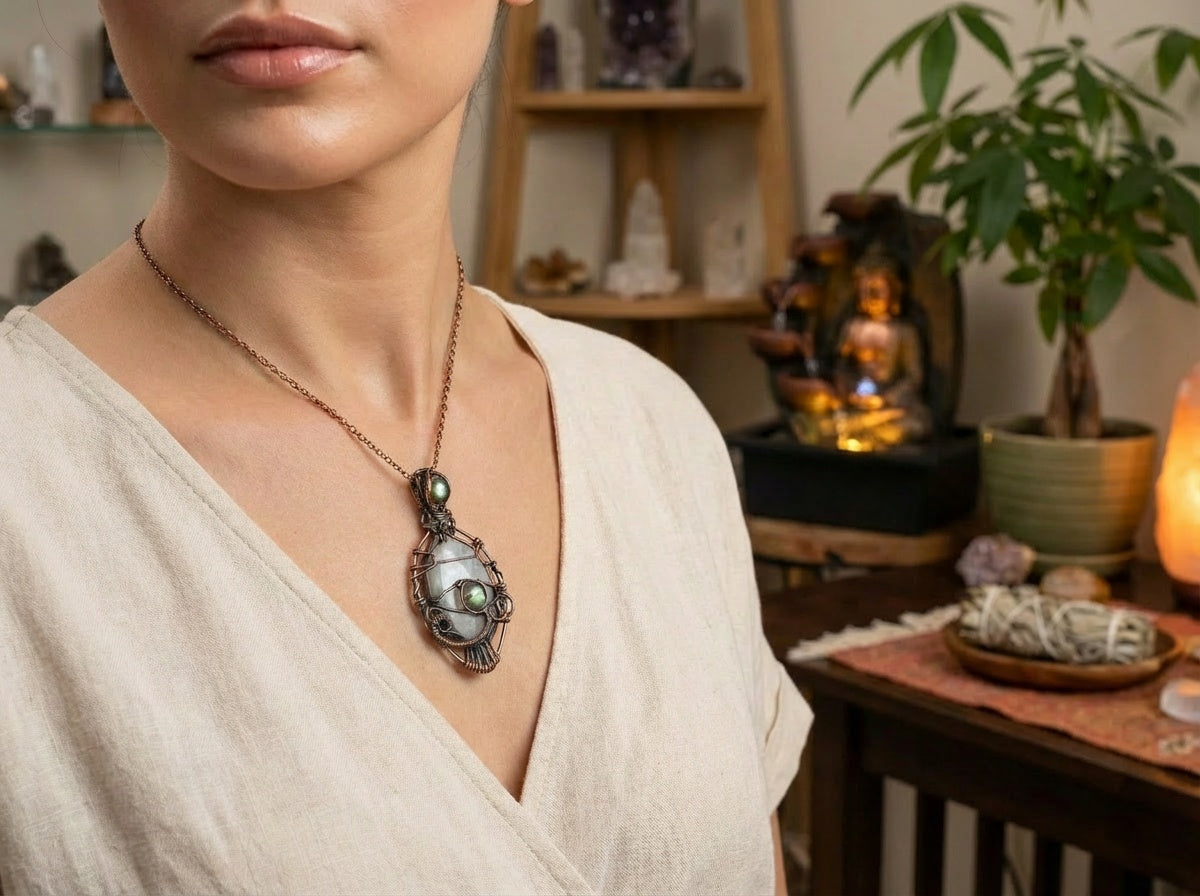 Colgante de cobre con piedra lunar arcoíris y labradorita 