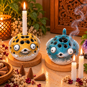 Mystic Pufferfish Incense and Candle Holder With Wooden Base
