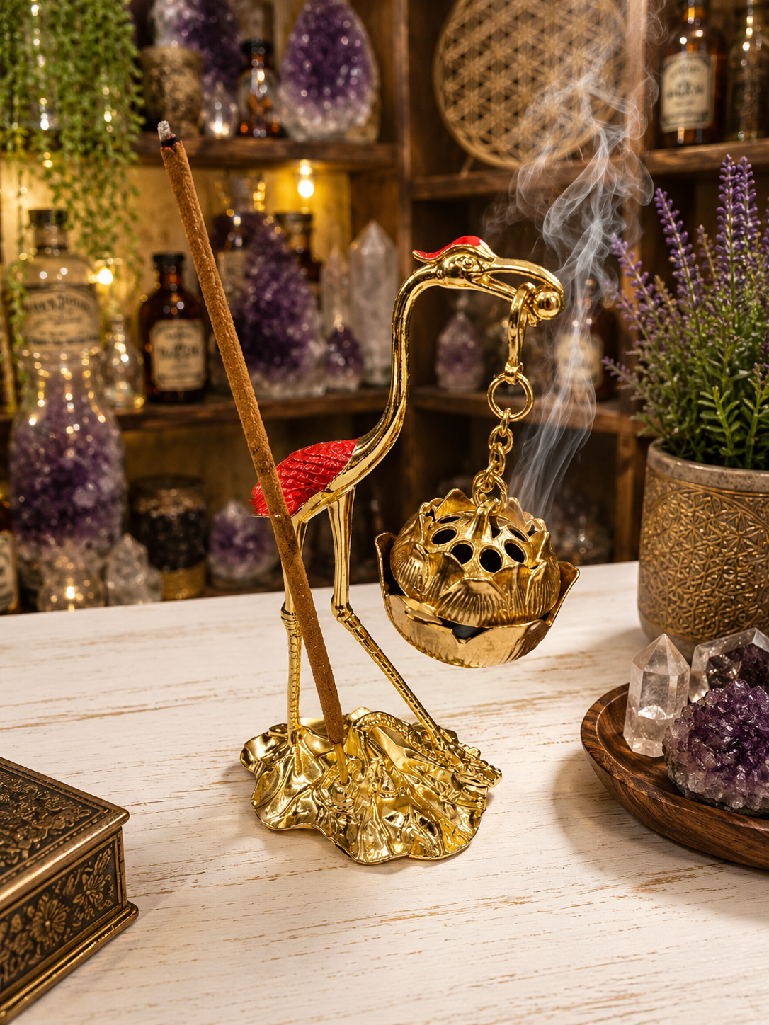 Metal Crane Incense Burner, Lotus Hanging Burner, Hanging Incense Burner, Crane Bakhoor Burner