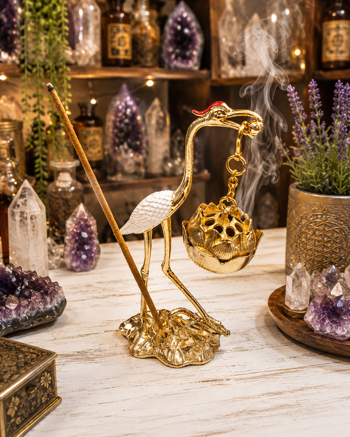 Metal Crane Incense Burner, Lotus Hanging Burner, Hanging Incense Burner, Crane Bakhoor Burner