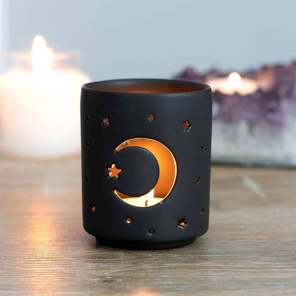 Candelabro pequeño de té con forma de luna mística negra recortada