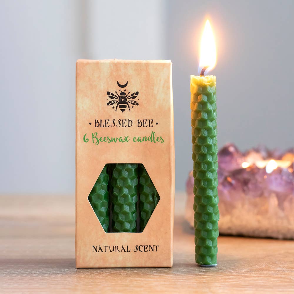 Set of 6 Green Beeswax Magic Spell Candles - Luck