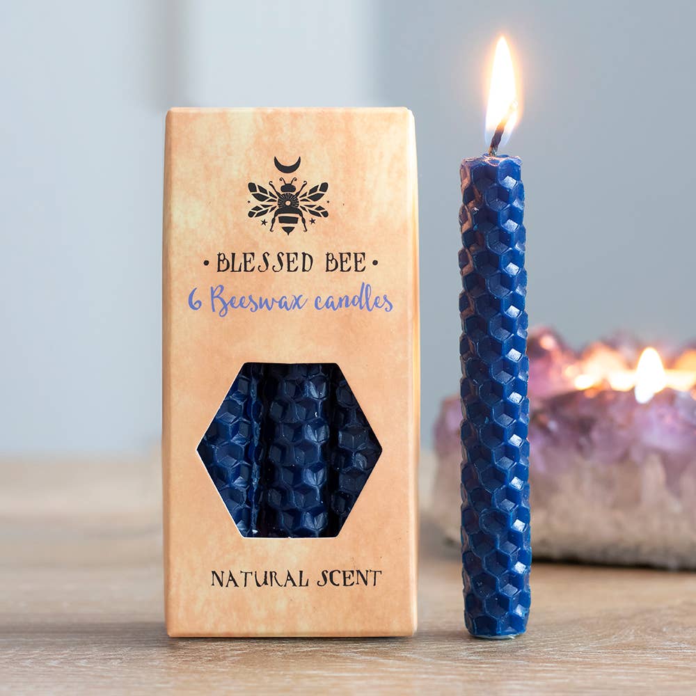 Set of 6 Blue Beeswax Magic Spell Candles - Peace