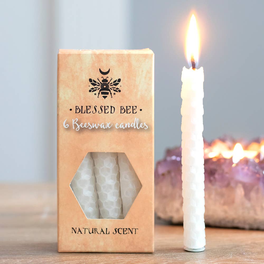 Set of 6 White Beeswax Magic Spell Candles - Happiness