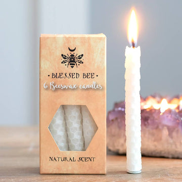 Set of 6 White Beeswax Magic Spell Candles - Happiness