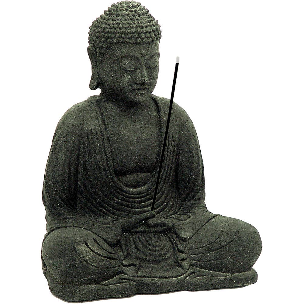 Estatua de piedra volcánica y porta incienso Buda meditando